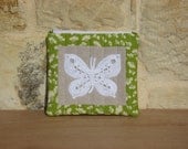 Pouch Purse with Crochet Butterfly, flowers and zipper in green, white and beige