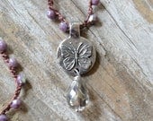 Butterfly crochet necklace "Dream" artisan pendant, purple czech, butterfly, reversible, rustic boho