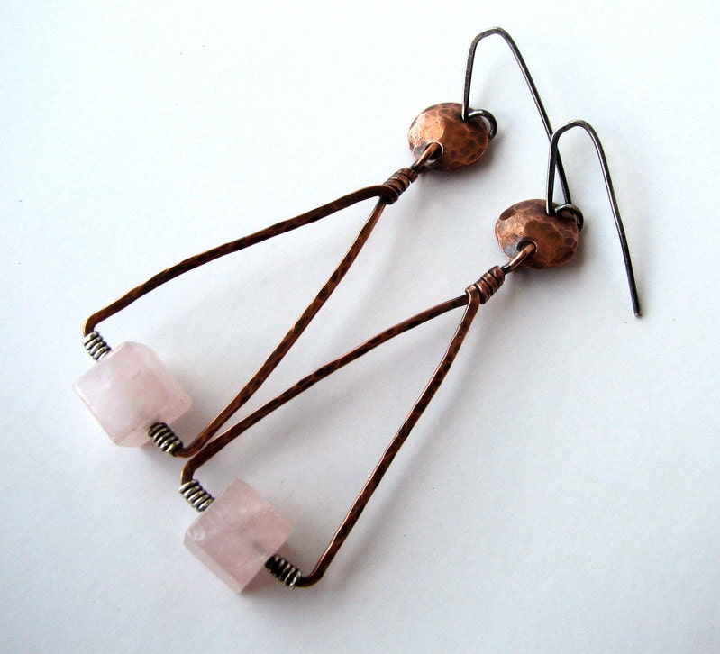 Triangle Earrings Hand Forged Jewelry Geometric Hammered Copper Rose Quartz Modern Long Dangles