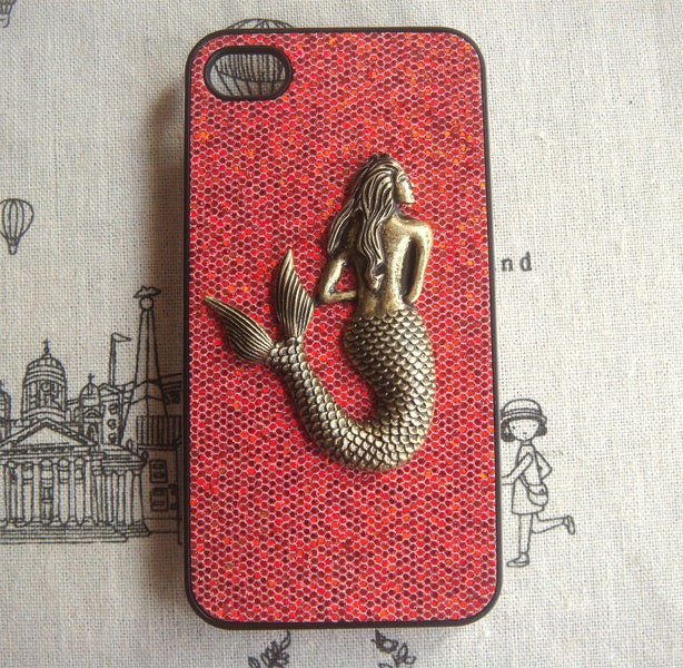 Steampunk Mermaid Red bling glitter hard case For Apple iPhone 4 case iPhone 4s case cover