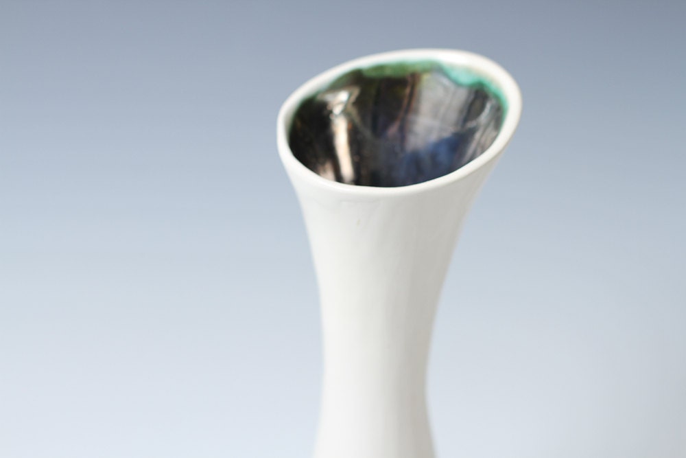 Metallic Dark Green and White Ceramic Pottery Hourglass shaped Flower Bud Vase - great gift - ready to ship