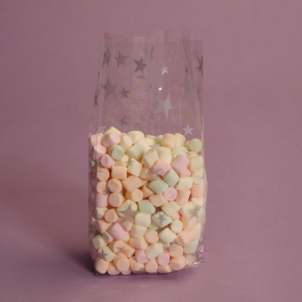 Silver Stars cello bags with gusset - 100 pack - 3.5 x 2 x 7.5 inches