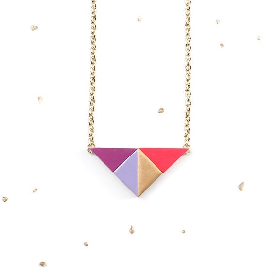 Geometric Wooden Triangle Necklace / gold, neon pink, purple & lilac puzzle pendant / colorblock wood jewelry / long gold chain / LAST ONE