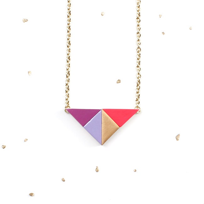 Geometric Wooden Triangle Necklace / gold, neon pink, purple & lilac puzzle pendant / colorblock wood jewelry / long gold chain / LAST ONE