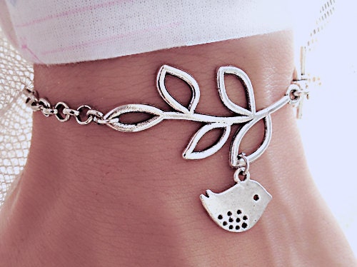 Silver Leaf branch With Bird Charm bracelet,leaf bracelet,Birthday,simple daily Jewelry,flower girl,birthday,Mom and baby