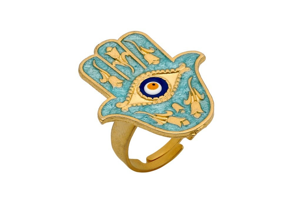 Hamsa Ring, Blue Enamel and Evil Eye, Gold Plated, Fatima Hand Ring