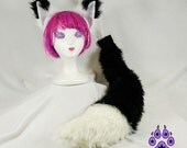 Black White FOX Ears BIG 30in Tail  Headband  Costume kitsune wolf anime cosplay furry rave cyber goth faux fur 4001 White tip