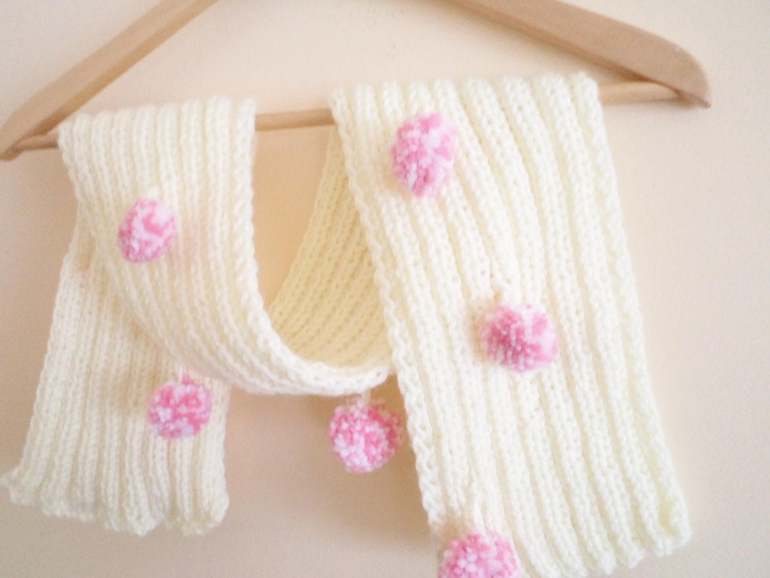 Wool pink pompoms knitting scarf, girls accessories, cream handmade scarves, winter trends, neck warmers