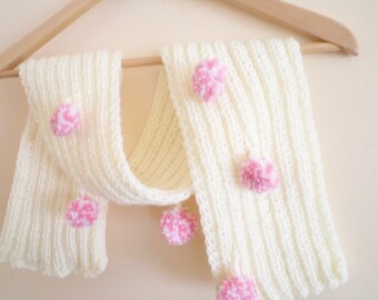 Wool pink pompoms knitting scarf, girls accessories, cream handmade scarves, winter trends, neck warmers