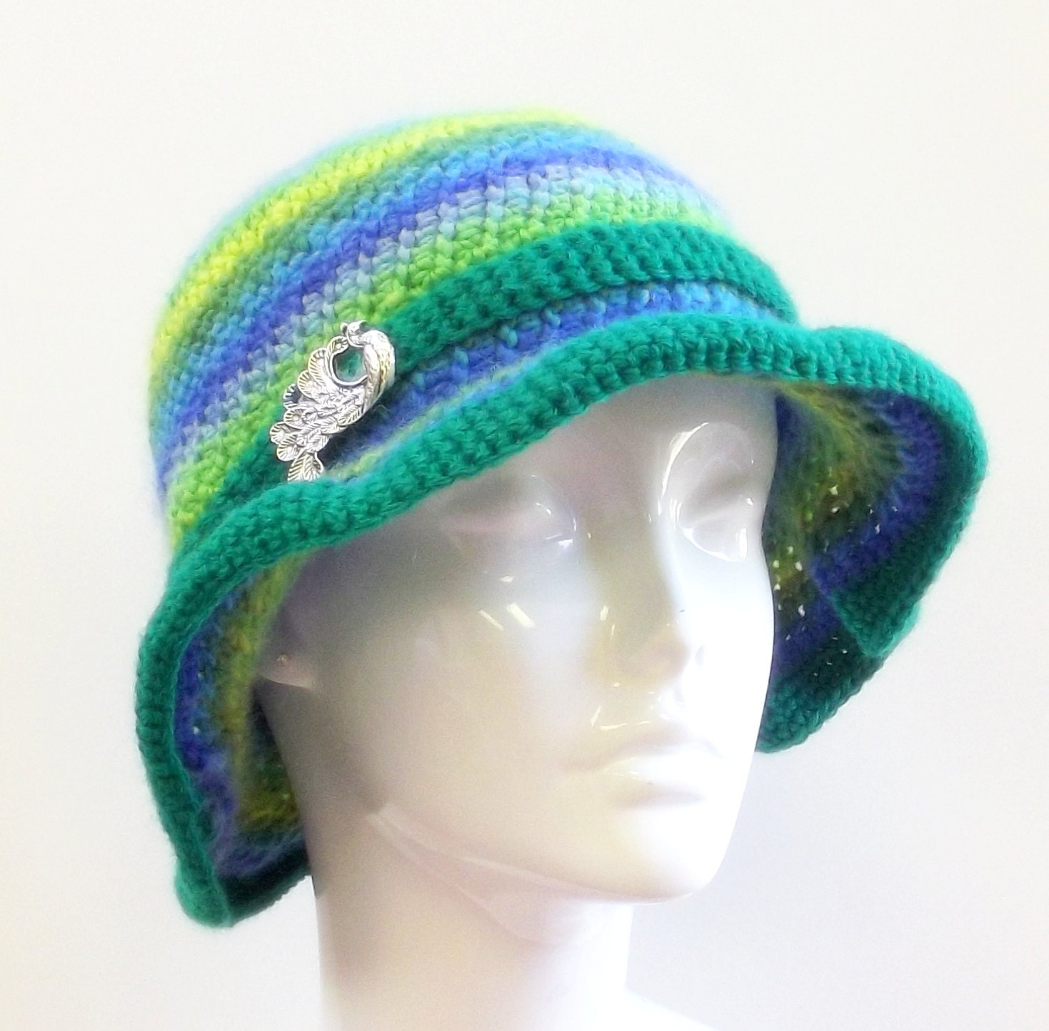 Crochet Hat             Blue Multicolor Stripe Wool                  Peacock Pendant                   ooak - SophiesHatsandMore