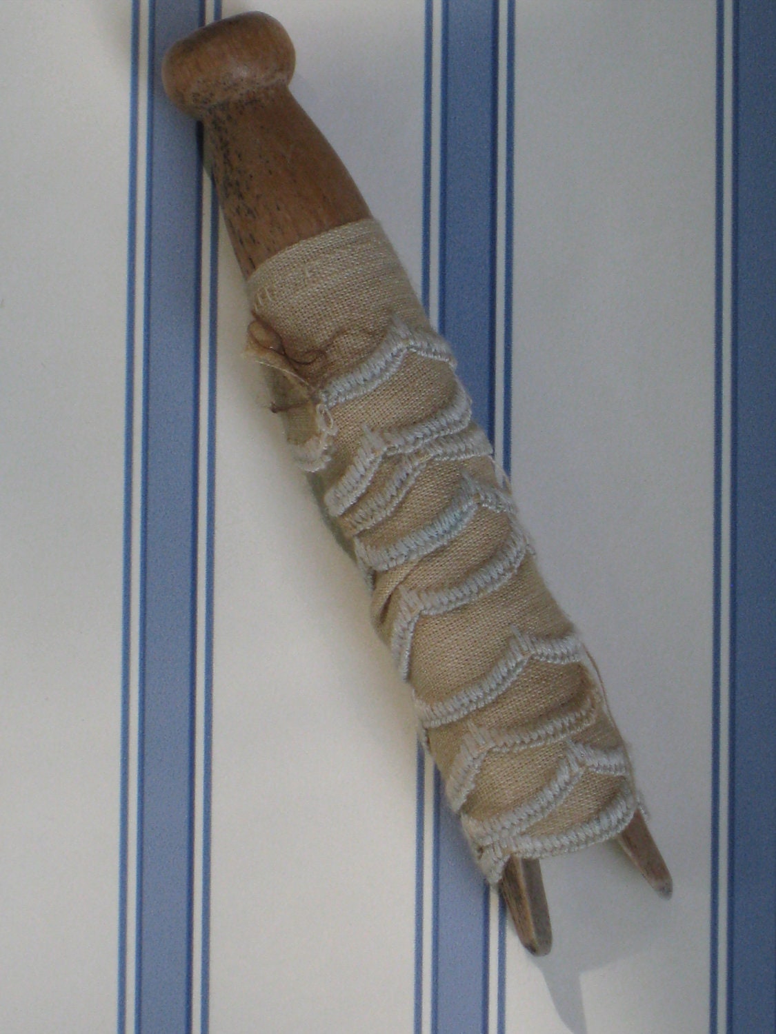 Antique Cotton Trim With Blue Scalloped Edge - On Antique Wood Clothespin