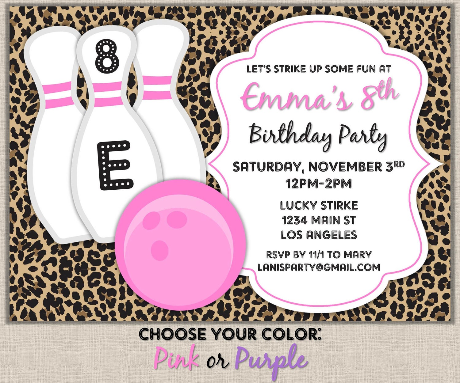 Cheetah - Purple or Pink Bowling Invitation - DIY Printable Digital File JPEG or PDF