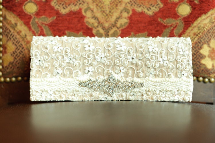 Stunning Satin and Lace Ivory Bridal Clutch with Pearl and Rhinestone Accents