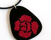 DIY Cross Stitch Necklace Kit - Black Acrylic with Red Flower Pattern
