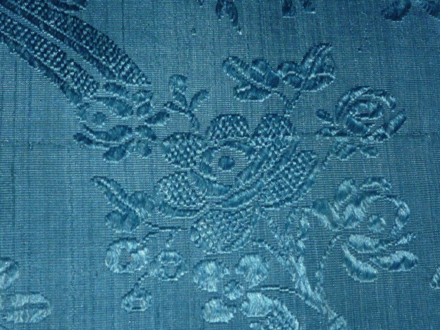 Vintage vibrant blue floral woven silk brocade fragment early 1800s narrow width projects