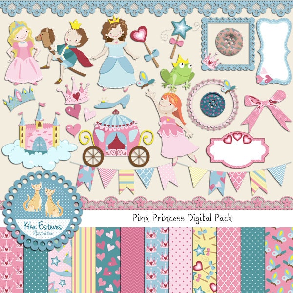 Pink Princess Digital Clipart and Paper Combo- Scrapbooking , card design, invitations,  paper crafts, web design - INSTANT DOWNLOAD
