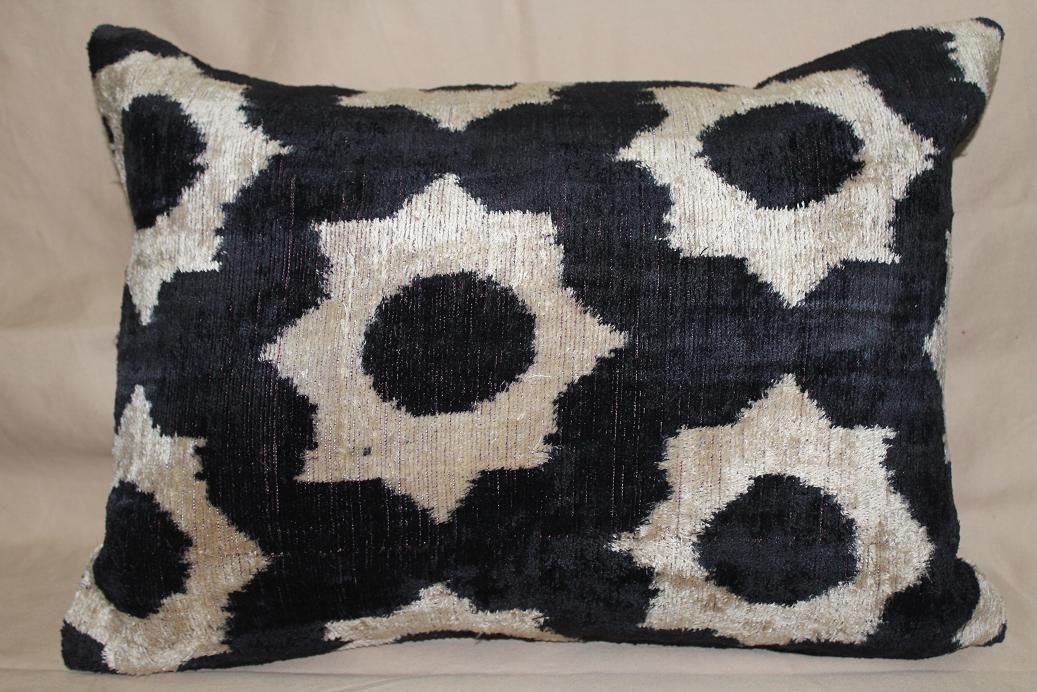 Handmade Silk Velvet Ikat Pillow cover 14 x 20 , Black , Beige Free Shipment Delivered within 2-4 Days by UPS, DHL