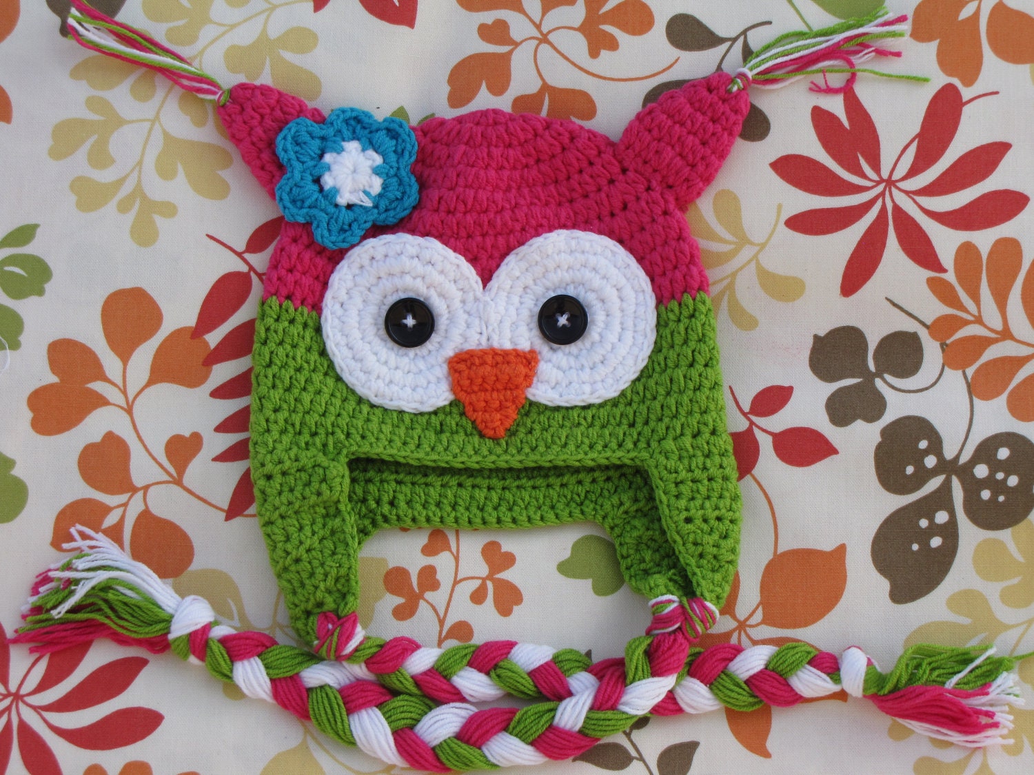 Baby, Toddler, or Child, Girls Pink and Green Crocheted Owl Hat perfect for photos props or a baby gift