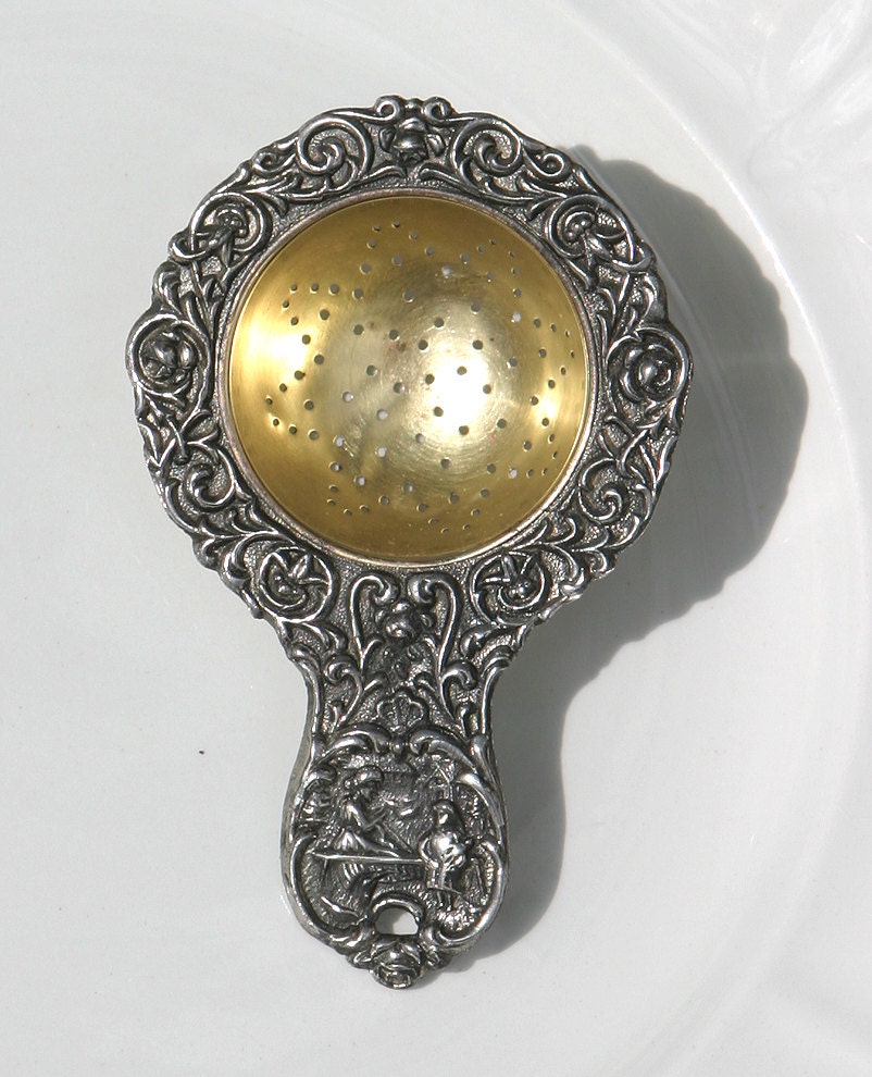 Antique Lovely rare Decorative German Tea Strainer Silver and Solid Brass Cup