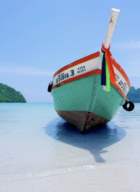 Thailand Fishing Boat in Ocean Photograph, Colorful Aqua Blue Water, Southeast Asia - 8x10" Fine Art Photo Print