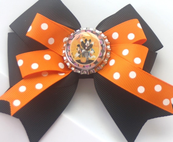 Mickey Mouse Orange and Black Polka Dot Halloween Hair Bow