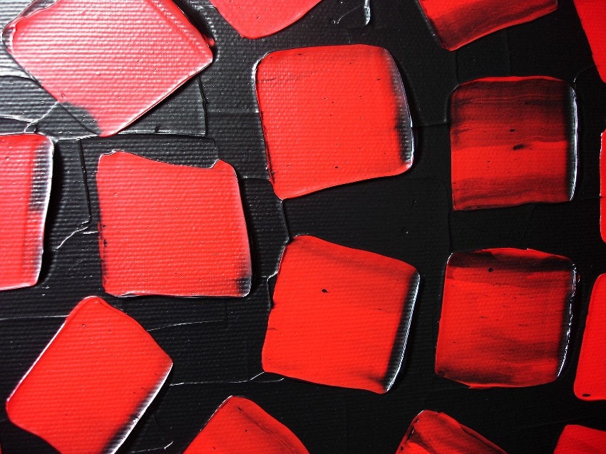 48 x 24 ORIGINAL Abstract Acrylic Painting Art Deco Textured Black Red Squares Modern Ready to Hang FREE SHIPPING