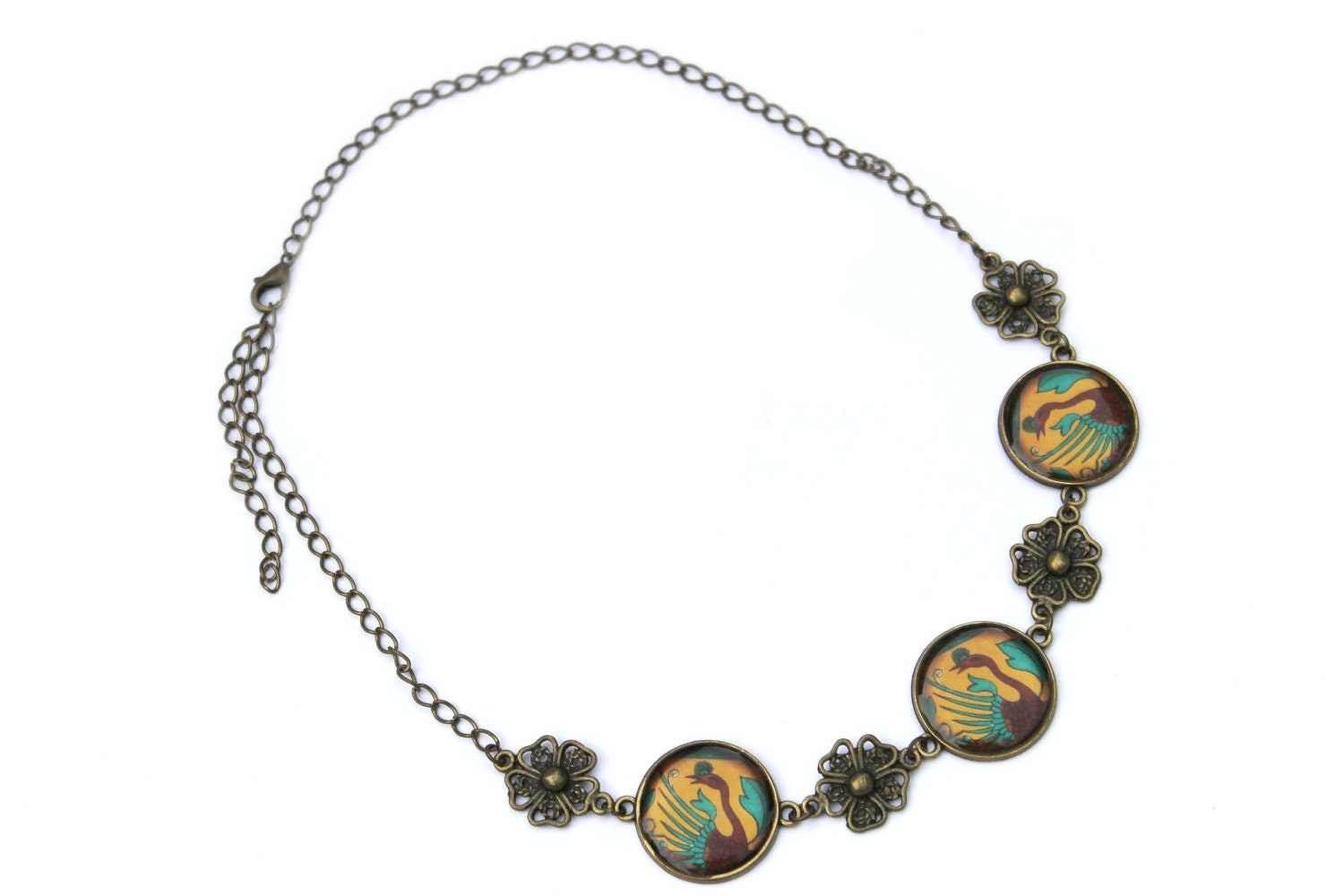 Vintage style antique bronze Asian art resin necklace