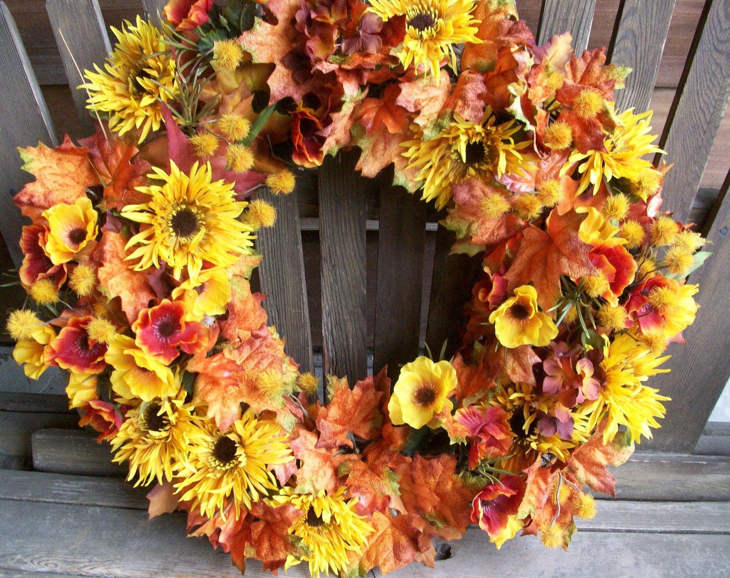 Fall / Autumn Garden Wreath with Harvest Colored Leaves and Fall Flowers