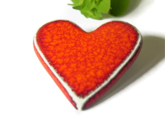 Valentine Red Heart Brooch Ceramic Accessories Pin Pottery Corale Red Minimalist Jewelry Recycled Box - Ceraminic