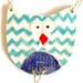 Owl Ornament Chevron Pattern Ceramic Eco Friendly Woodland Pottery Aqua and Navy Blue Bird