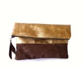 Clutch purse Gold and brown foldover , vegan leather