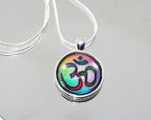 OM Namaste Yoga Pendant Necklace Rope Included Silver Plated Setting, Meditation Focal Point Lakshya Asana Chakra Purple Turquoise
