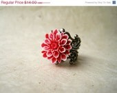 Red Dahlia Ring. Resin Flower Ring. Adjustable Silver Filigree Ring with Delicate Red and White Flower. Floral Jewelry. Resin Ring.