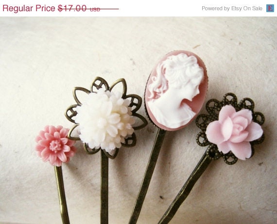Pink Cameo Hair Pins Hair Accessories, Spring Fashion Flower Bobby Pins Resin Hair Pins. Gifts Brass Filigree Pink Flower Bobby Pins.