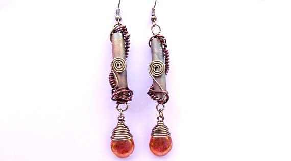 Steampunk Jewelry, Industrial Chic Earrings, Long Earrings, Dangle Earrings, Mixed Media, Tear Drop Beads in Rose Topaz Luster