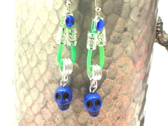 Handmade Blue Skull Earrings Green Satin Cord Handmade Blue Skull  Antiqued Earwires Sterling Silver Cut Out Beads Over Green Satin