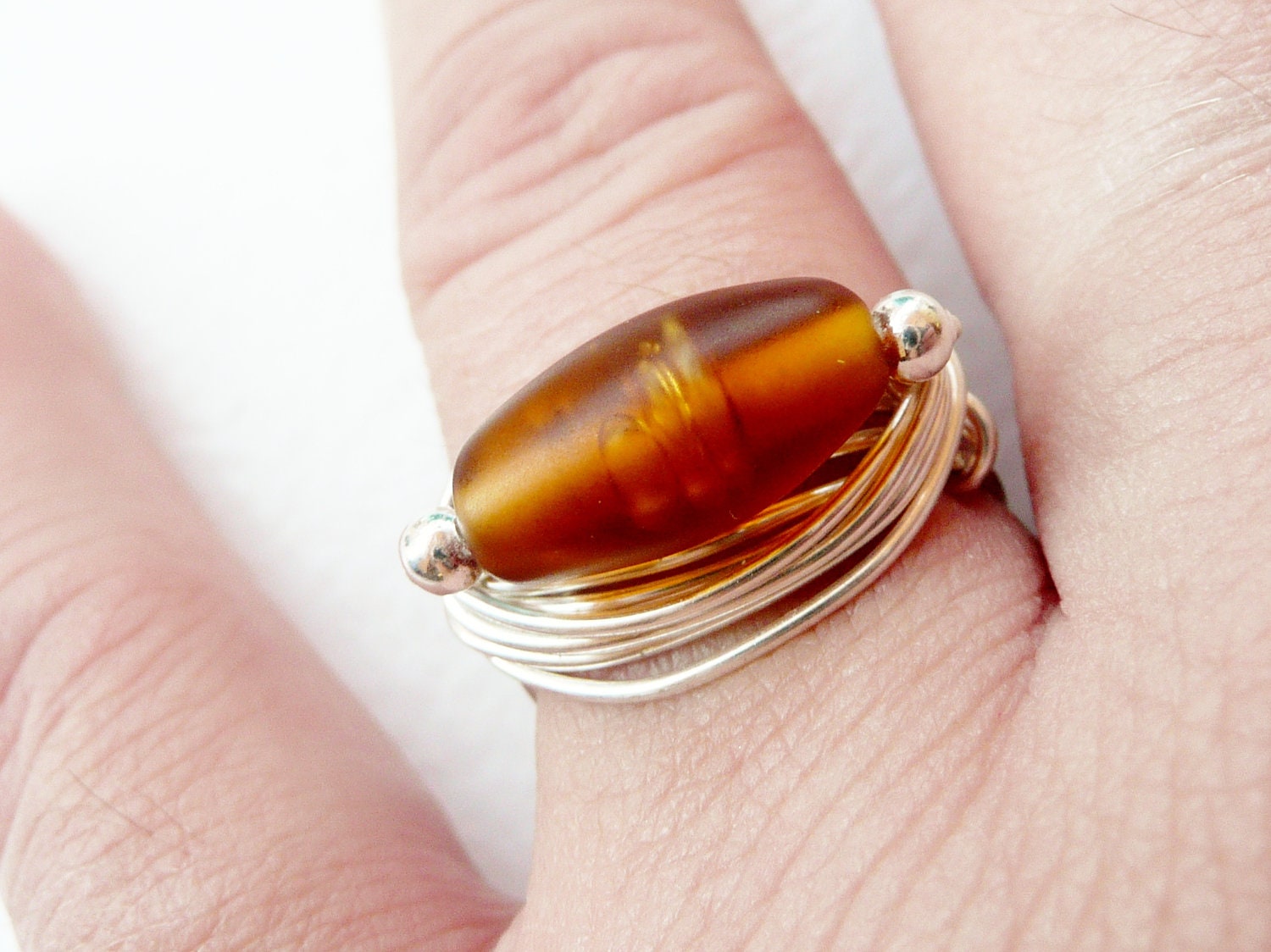 Frosted Orange Bubbly Glass Ring, in Silver Wire