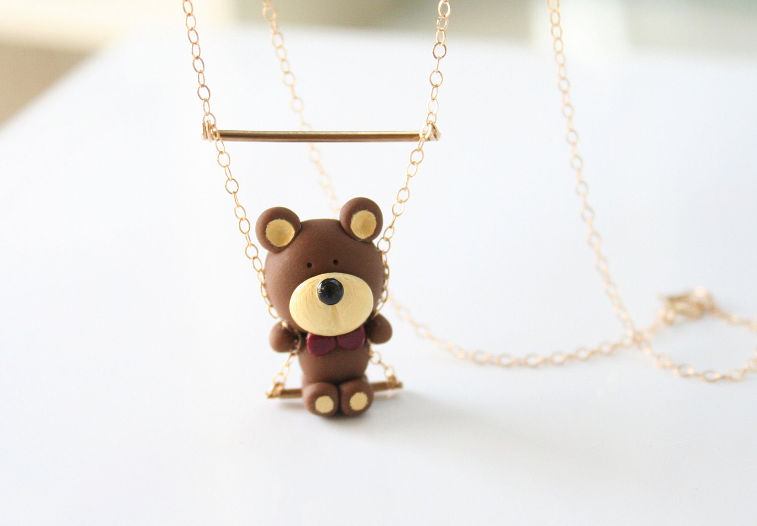 Teddy bear on a swing necklace -14k Gold filled-