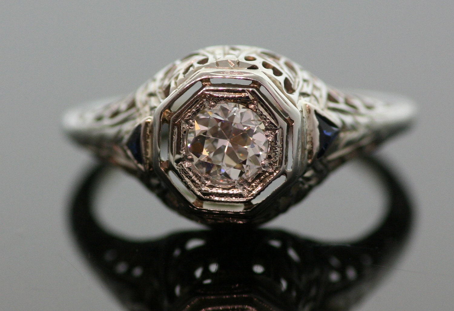 Antique Diamond Engagement Ring-14K White Gold and European Cut Diamond and Sapphires