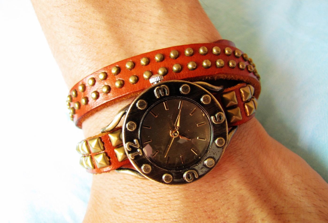 Vintage Style Orange Leather Bangle with Bronze Rivet Women Leather Cuff Women Watch  1370A