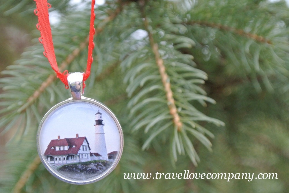 Ornament - Portland Head Light Christmas Tree Ornament featuring image of  Maine Lighthouse set in Silver Charm - travelloveco
