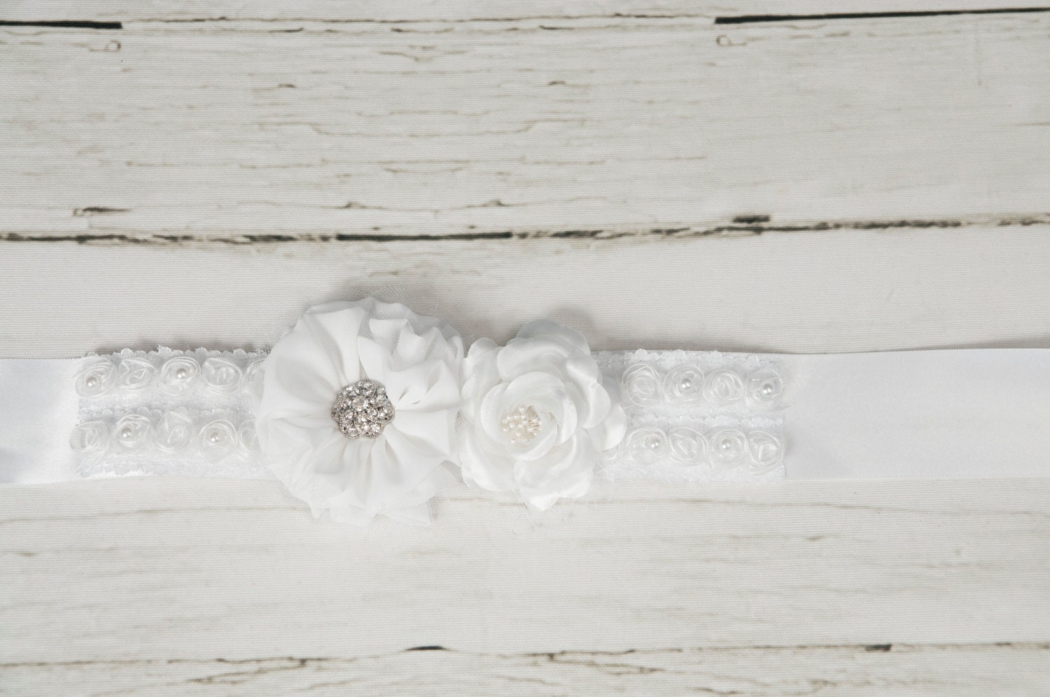 White Chiffon Flower Satin Bridal Sash with Rhinestone for Bride or Special Occasion