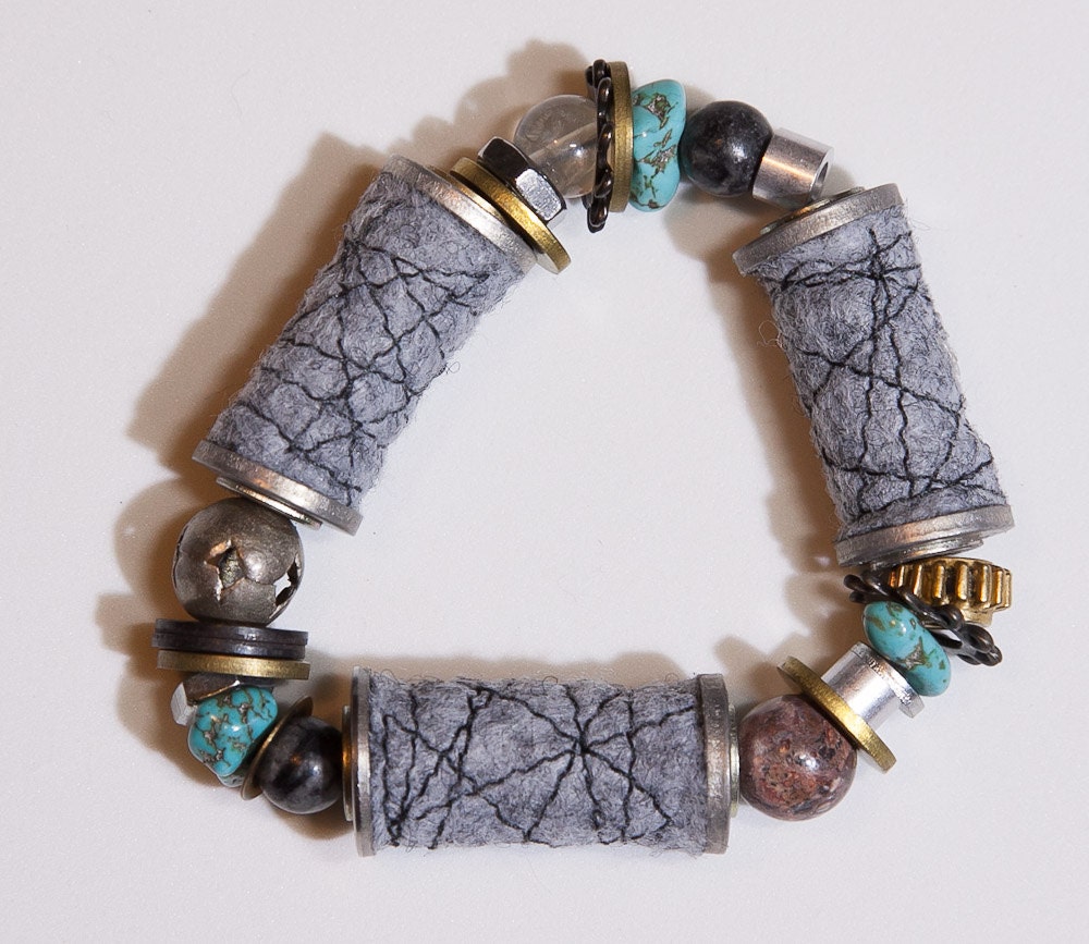 Handmade Mixed-Media Industrial Bracelet with Khimay Felt Beads and Metal Found Objects