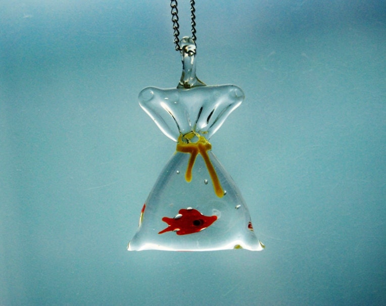 Fish in a Bag Necklace Glass Pendant Miniature Tiny Cute Whimsical Kitsch Nature Water Aqua Transparent Airy