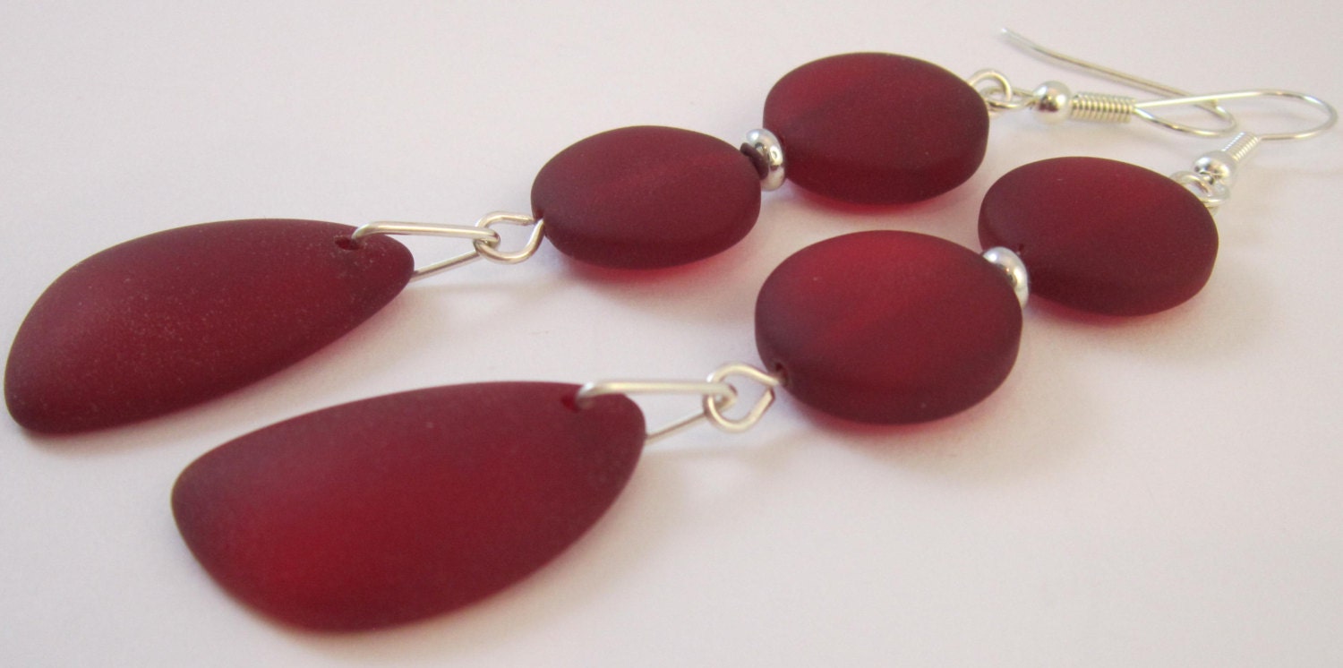 Deep Crimson Red Sea Glass Earrings - Modern, Bold, Stunning, Beach Glass, Seaglass