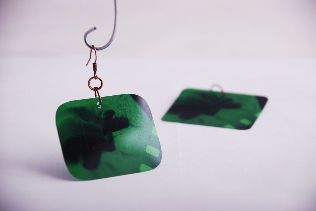 Plastic Green Small Photo Earrings - Original Photography - Abstract Art Print Film