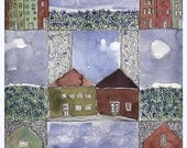 Original Watercolor Painting."Houses Waiting For Rain" OOAK Painting.