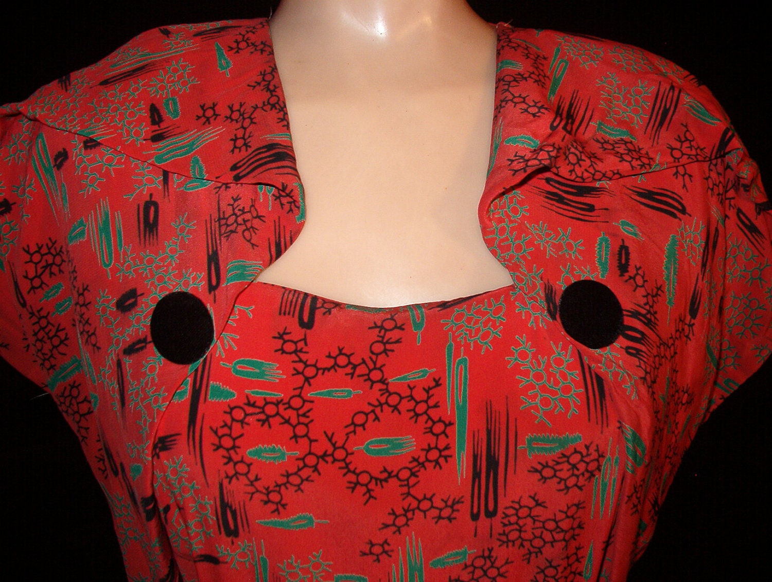 1940 Red Print Swing Dress, Cocktail Dress WWII Metal Zipper Small