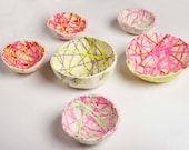 Bowls wool felted, eco friendly decor, colored stripes details in eco hand dyed yarns in neon pink, yellow, orange, purple