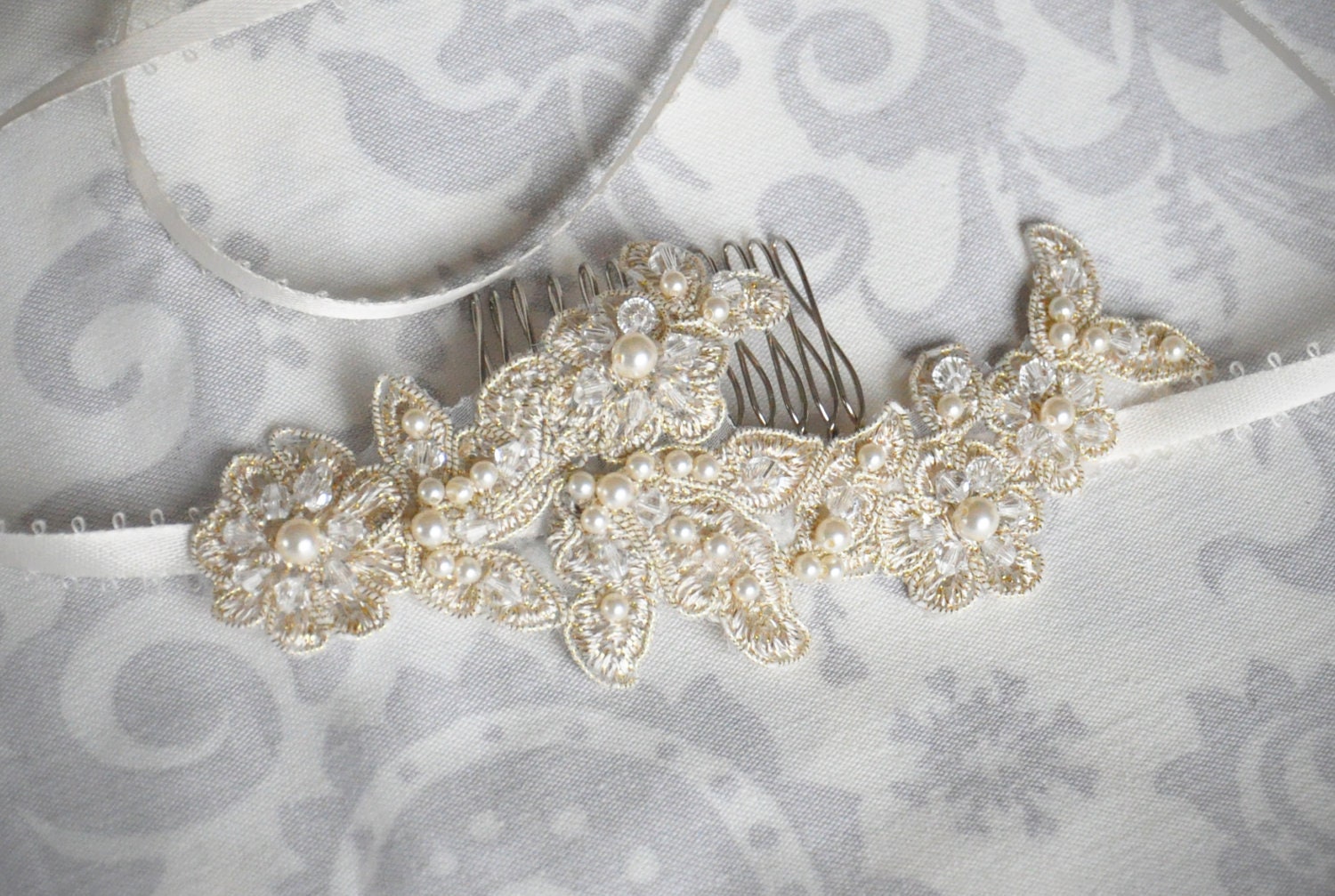 Champagne Lace Bridal Headband, Hand Beaded Lace with satin tie - Swarovski pearls and crystals Hair Accessories, Champagne, White, or Ivory